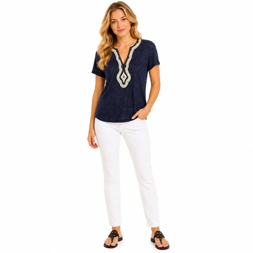 Tory Burch Liliana Tee Womens XS Navy‎ Embroidered Linen V Neck Slub Knit NWT